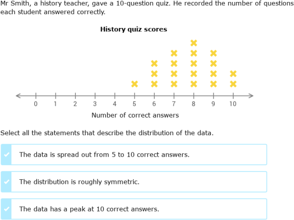 IXL - Describe distributions in line plots (Year 7 maths practice)